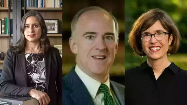 Notre Dame Professors Dan Philpott (blue plaid suit, green tie), Mary Keys (brown bobbed hair, glasses, black shirt, wide smile), and Christina Bambrick in a black blazer and patterned top, resting her hand on a book.