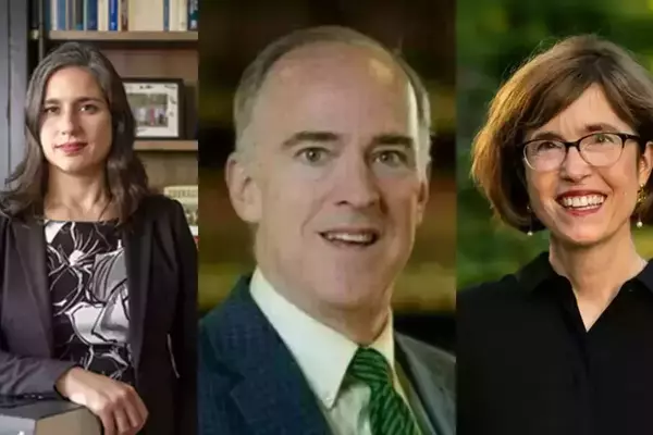 Notre Dame Professors Dan Philpott (blue plaid suit, green tie), Mary Keys (brown bobbed hair, glasses, black shirt, wide smile), and Christina Bambrick in a black blazer and patterned top, resting her hand on a book.