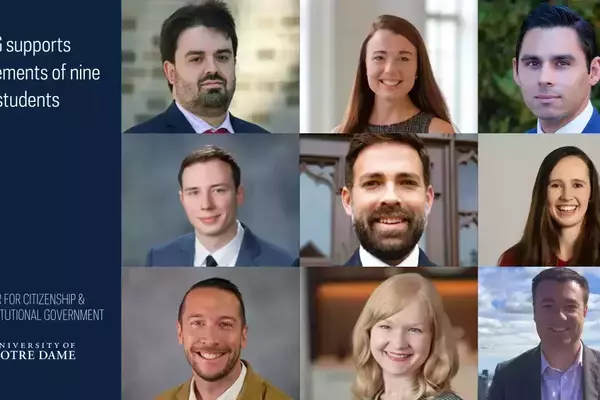Nine diverse PhD students, six men and three women, in a collage of headshots. Most are smiling, dressed in professional business attire, with varied backgrounds.