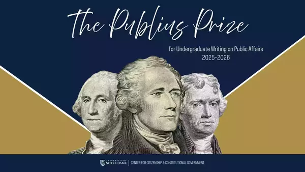 The Publius Prize title over etched portraits of George Washington, Alexander Hamilton, and Thomas Jefferson on a blue and gold background.