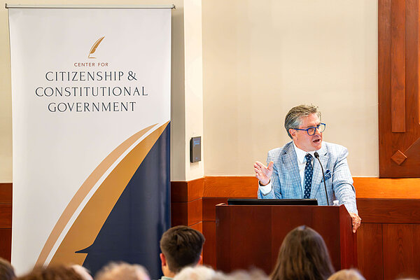 Patrick Deneen delivers his remarks at the Eck Visitors Center.